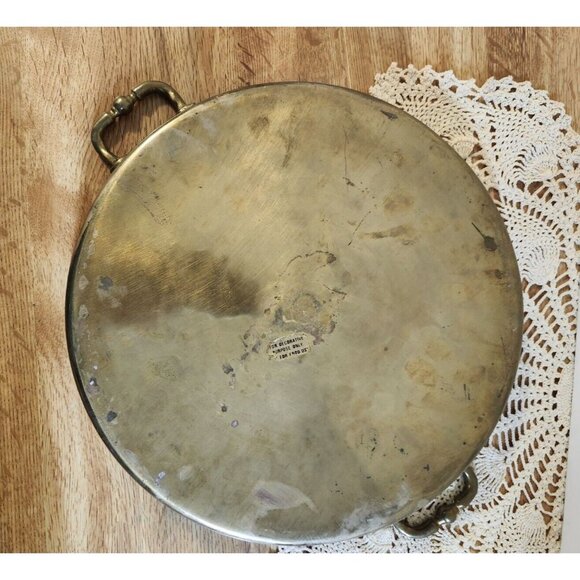 MCM Brass Handled Tray Faux Wood Laminate 11" Round Vintage - Picture 5 of 9